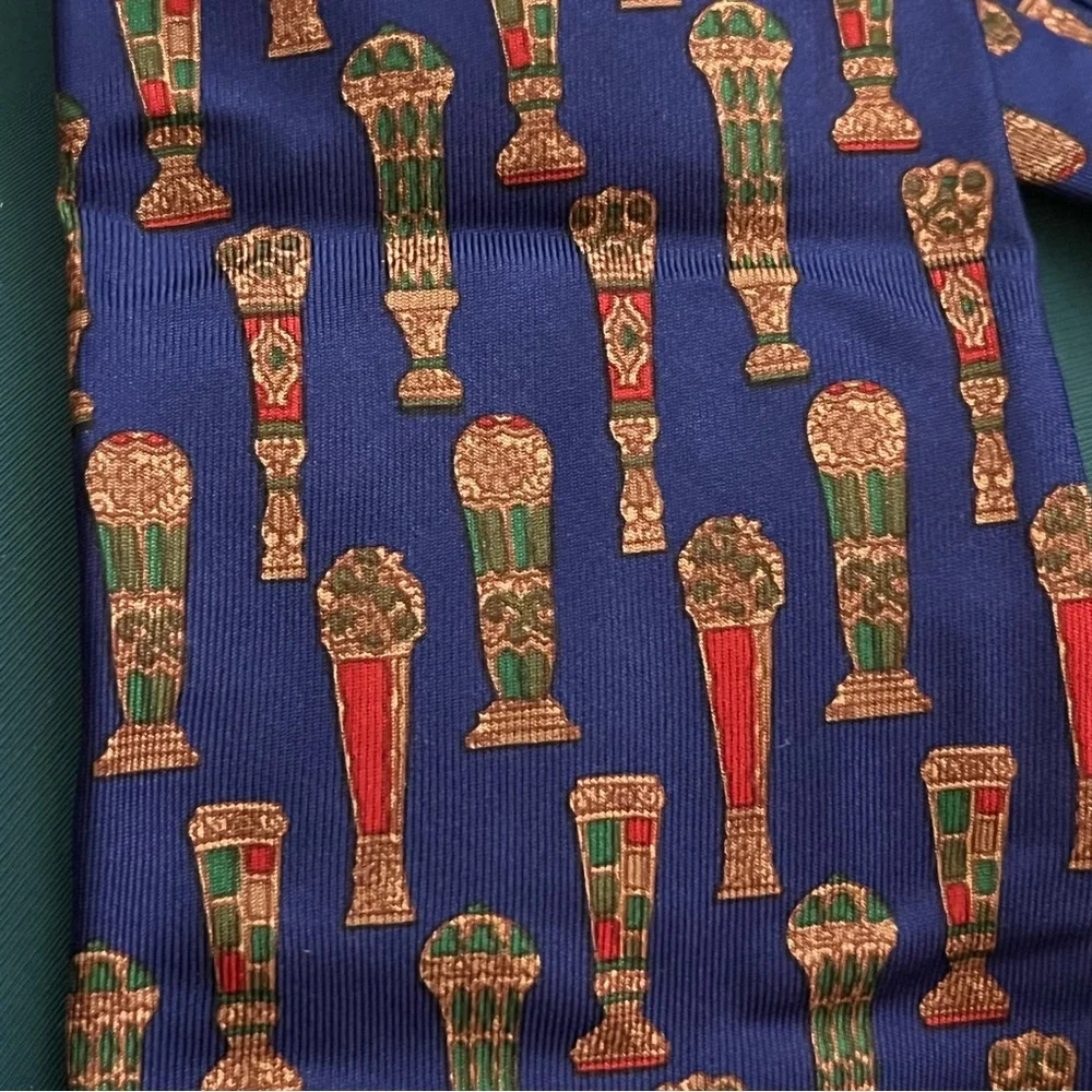 Vtg 90s Salvatore Ferragamo Silk Tie Ornate Columns Print Blue Combo